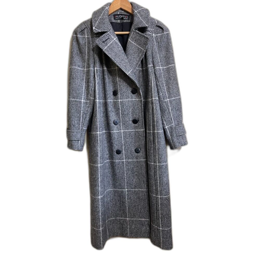 Alorna windowpane gray black USA union made wool blend long coat S petite VTG